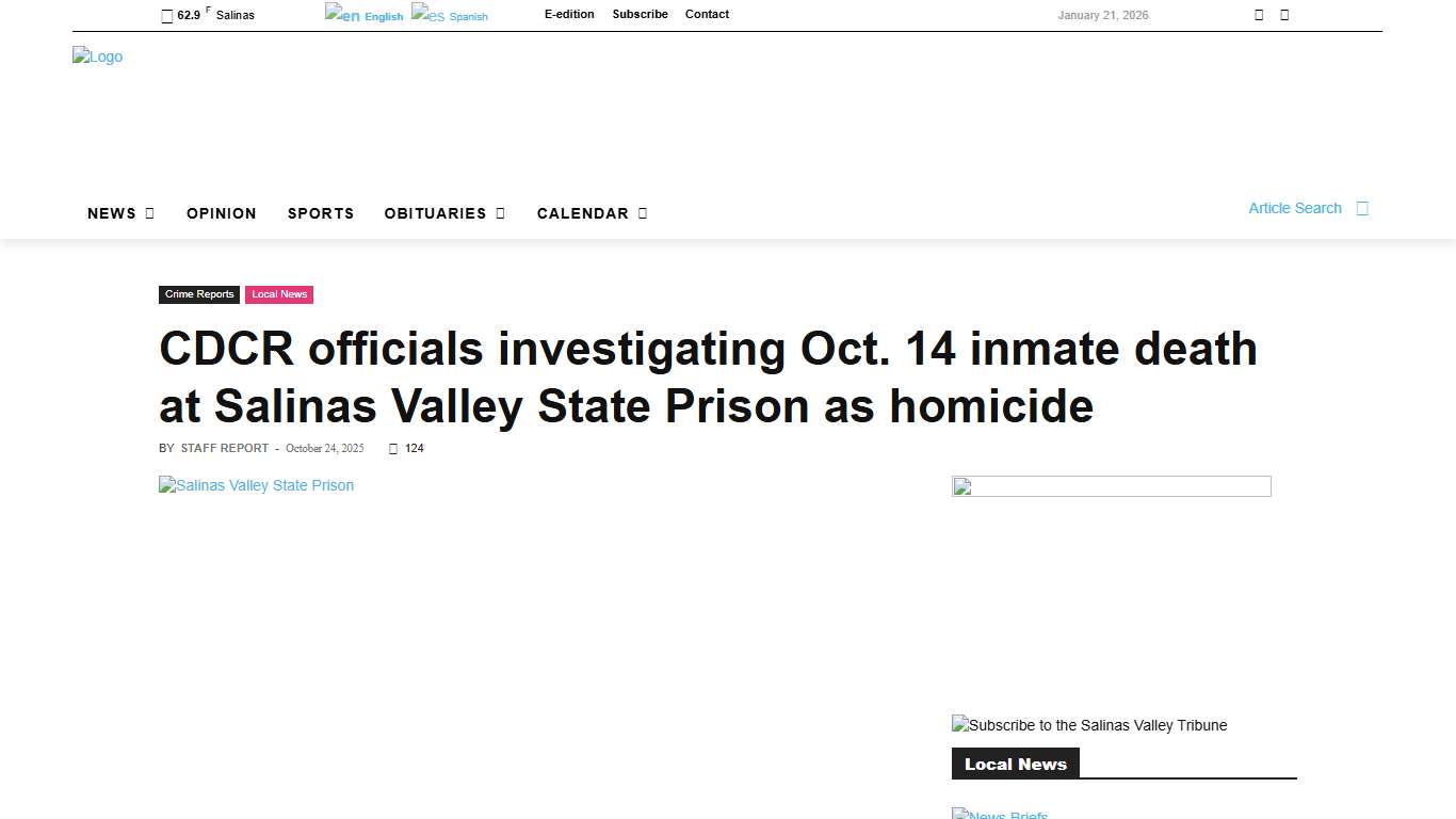CDCR officials investigating Oct. 14 inmate death at Salinas Valley State Prison as homicide - Salinas Valley Tribune | Gonzales, Soledad, Greenfield CA