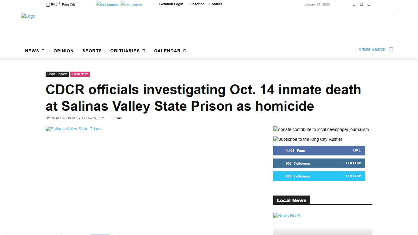 CDCR officials investigating Oct. 14 inmate death at Salinas Valley State Prison as homicide | The King City Rustler | Your Local News Source in King City, California