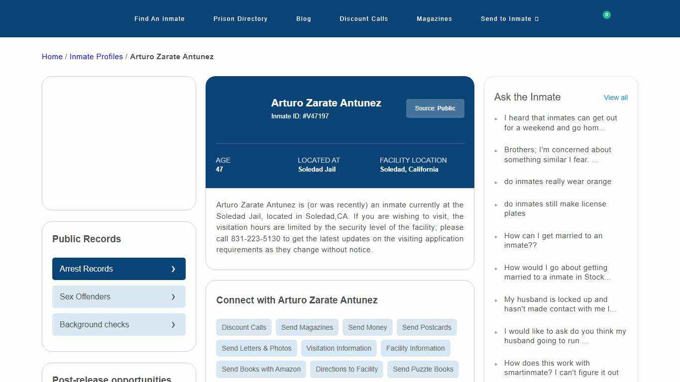 Inmate Search: Arturo Zarate Antunez V47197, Soledad, California